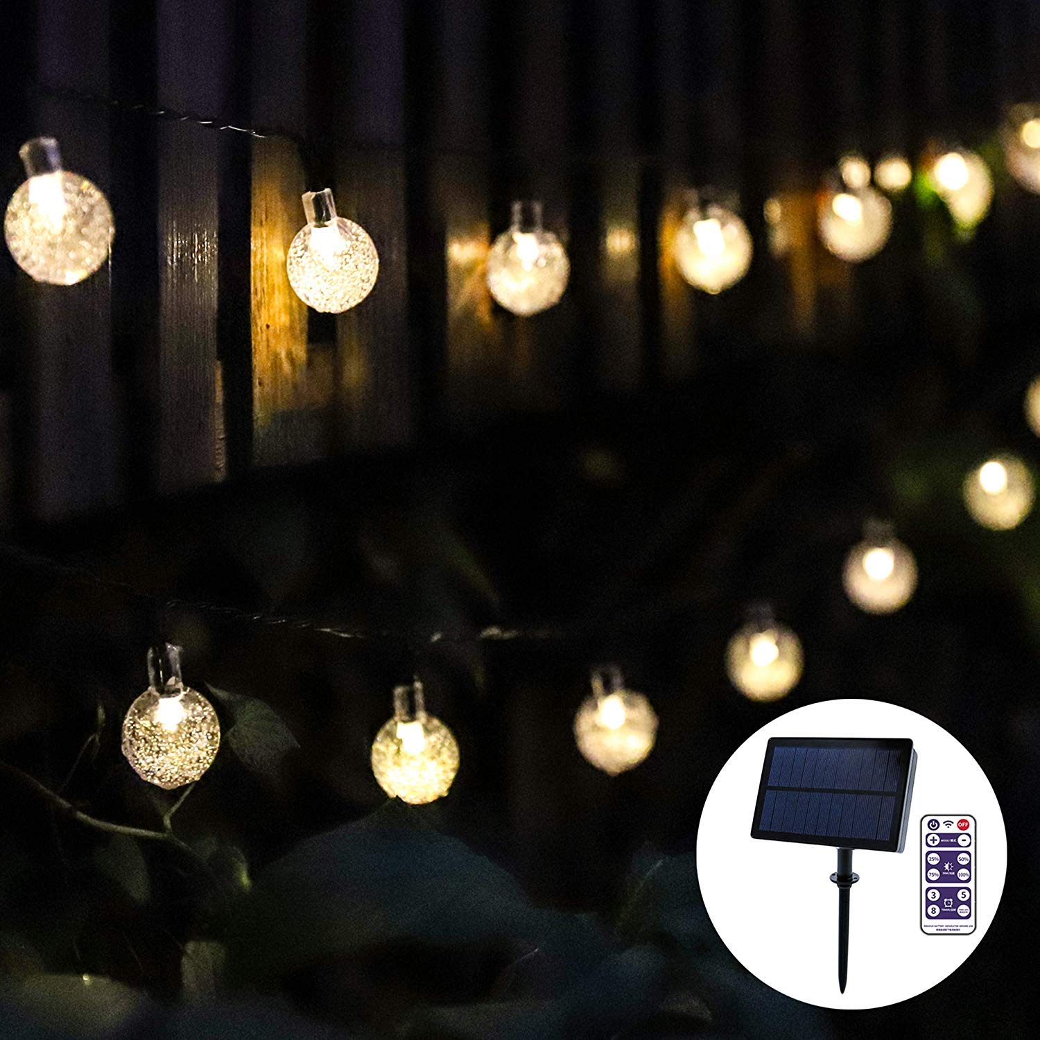 Remote Control with Big Solar Panel Cystal Ball String Light for Outdoor Living Dectoreation/Patio Porch/Backyard Gazebo/Camping Site