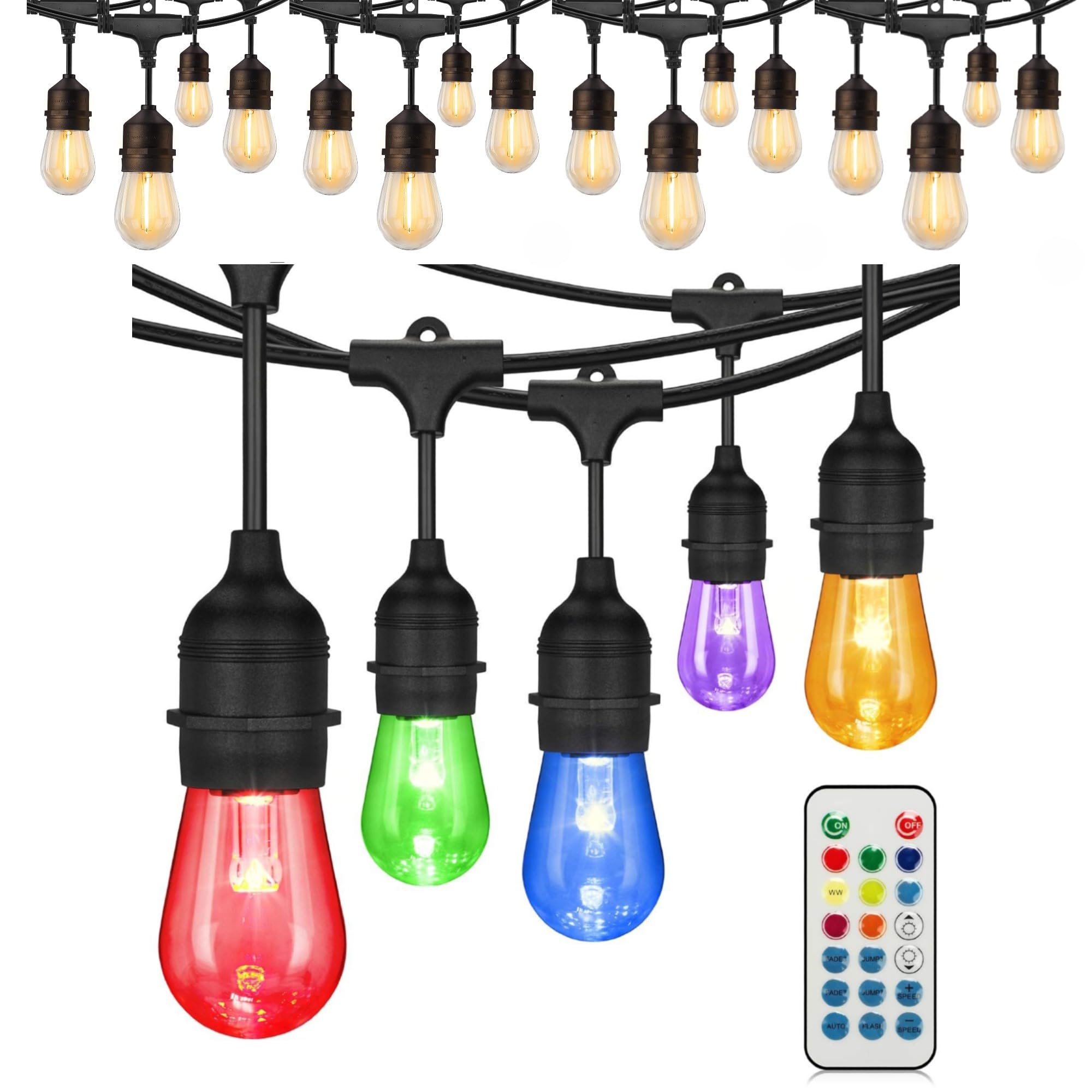 48ft Outdoor Patio String Lights with S14 LED Bulbs, Warm White & RGB Remote Control Color Changing, Waterproof Commercial Grade, Energy Efficient, Outdoor Living, Backyard Lights
