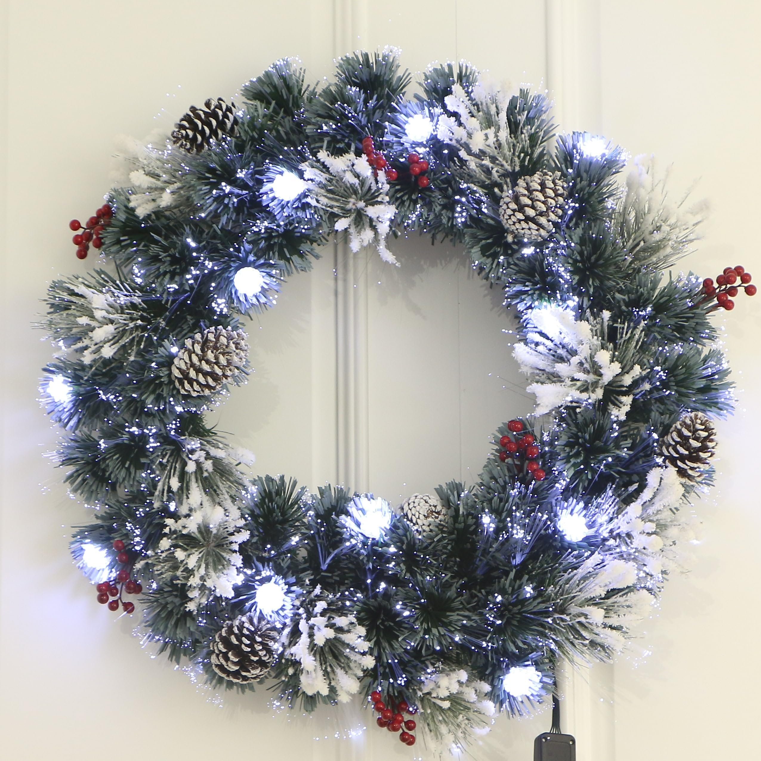 Frosted White Pine Fiber Optic Christmas Wreath