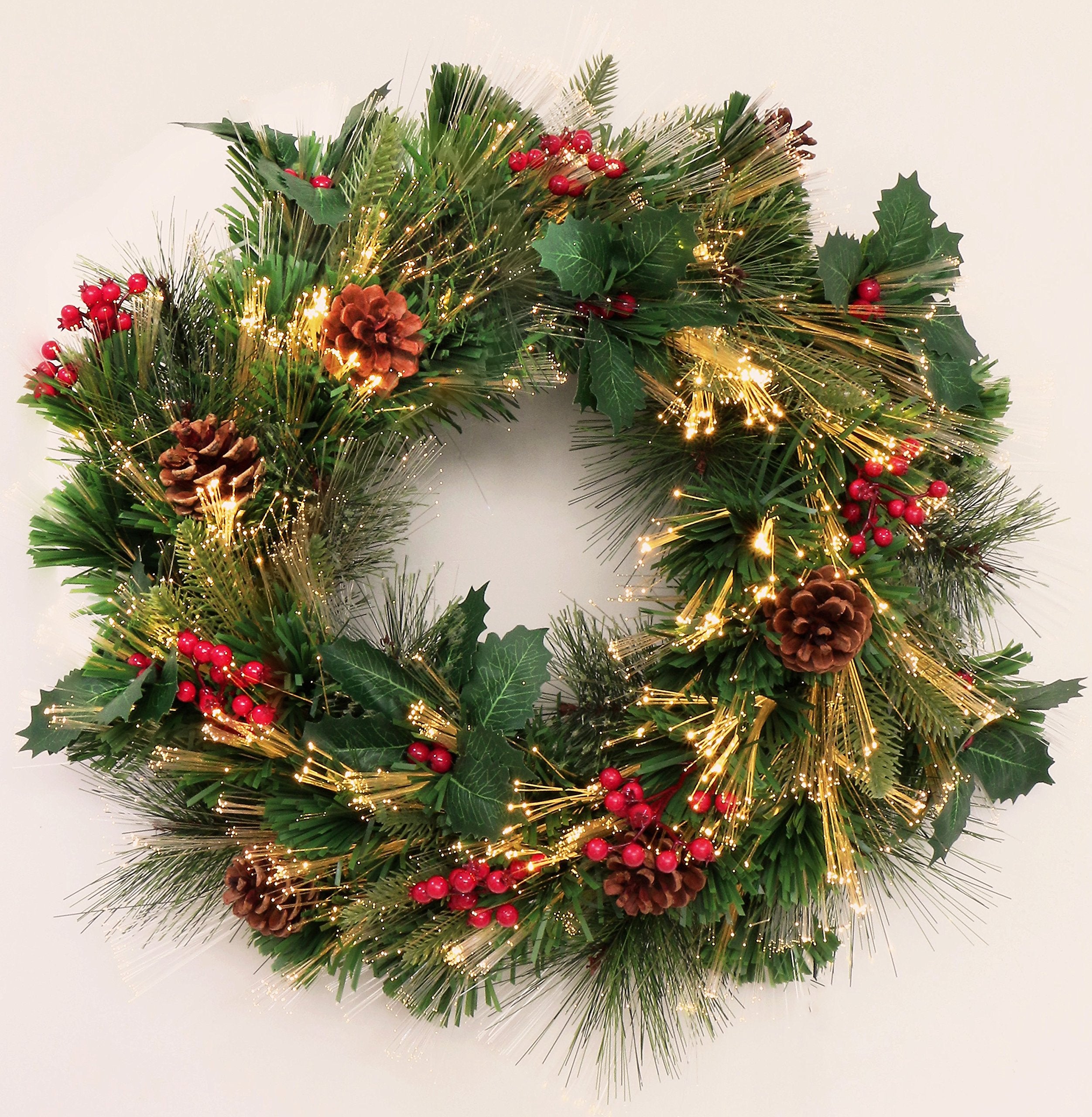 Holly Fest Fiber Optic Christmas Wreath with LED Lights