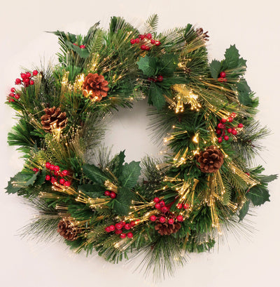 Holly Fest Fiber Optic Christmas Wreath with LED Lights