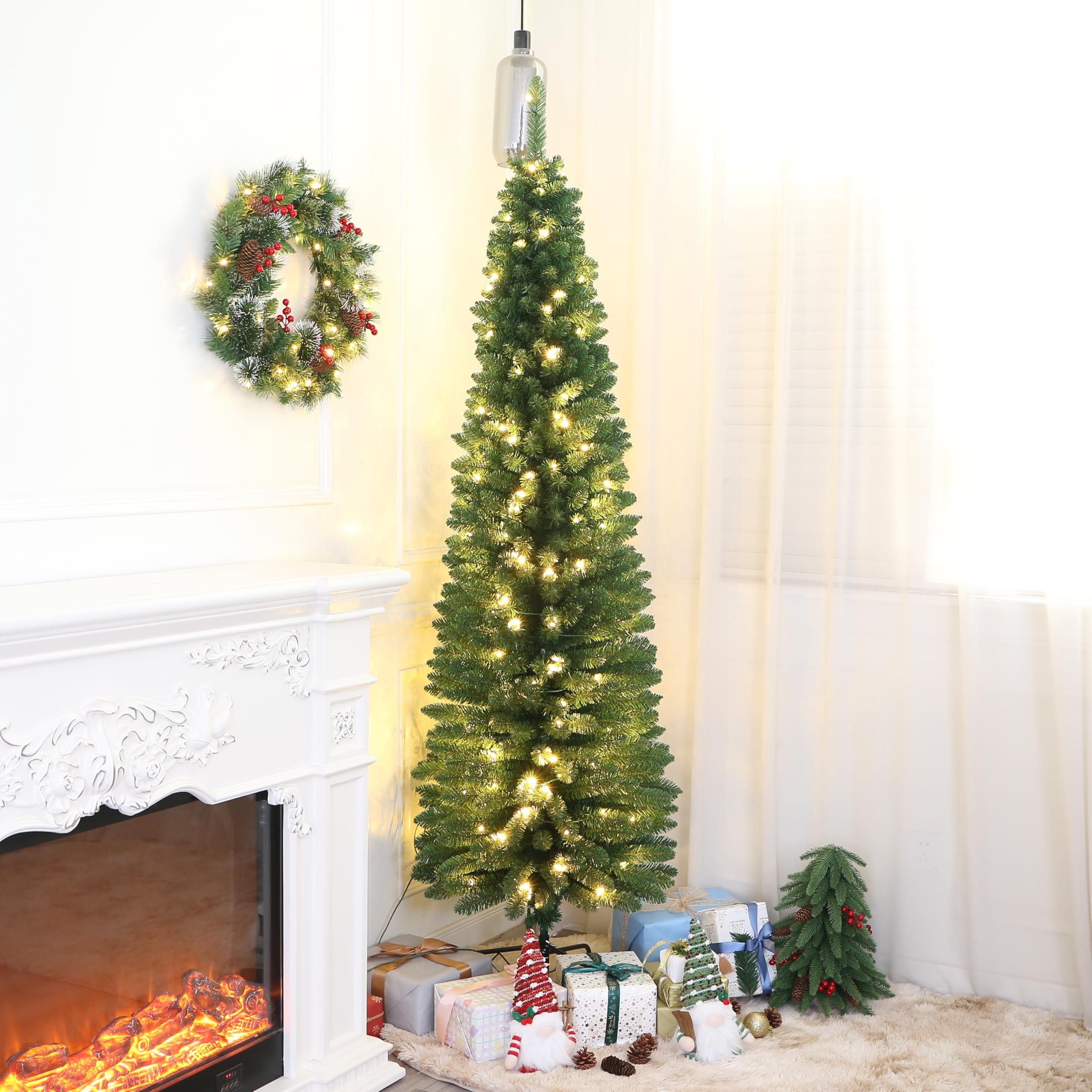 Classic Green Pine Pencil Christmas Tree Pre-lit with Warm White LED Lights