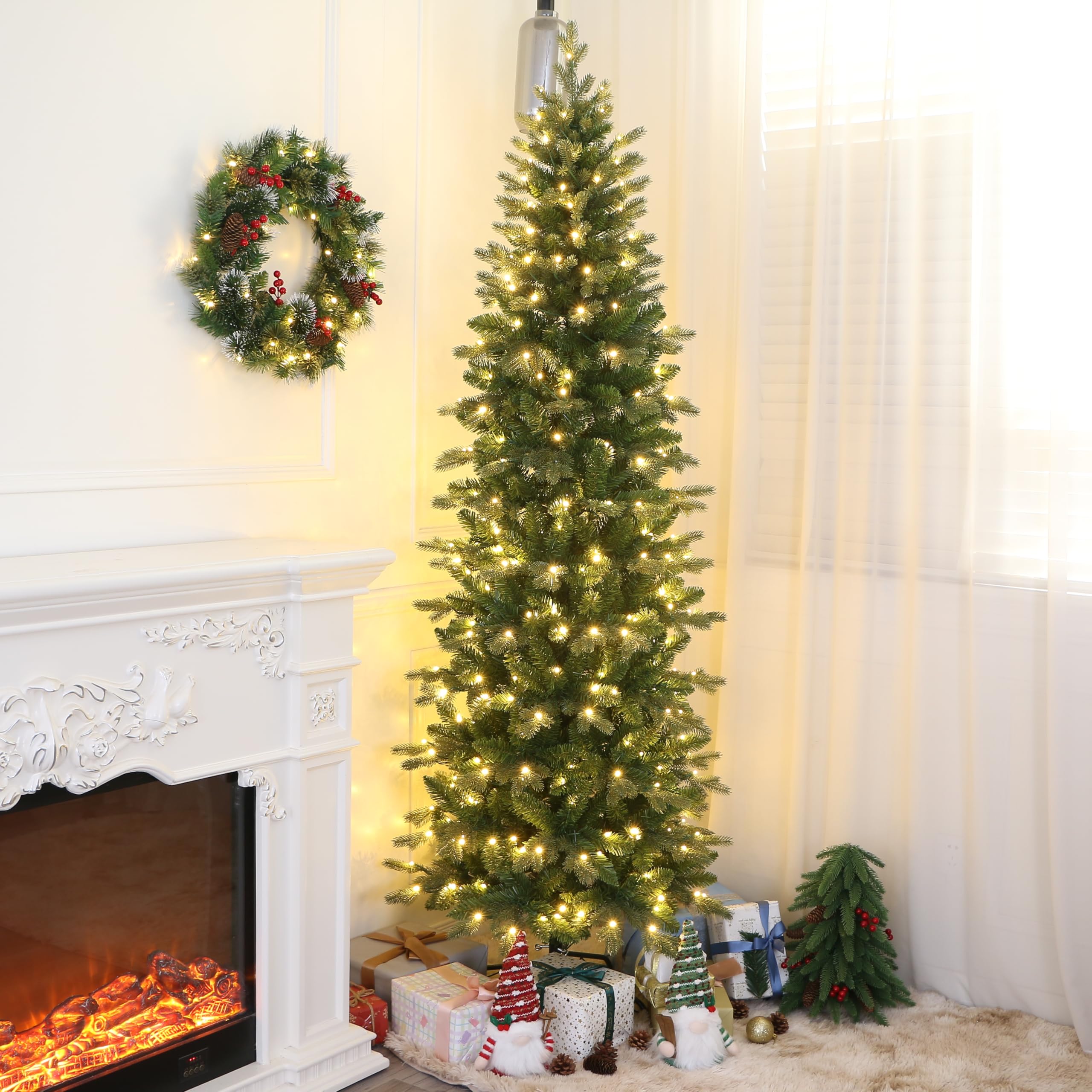 Realistic Slim Fraser Fir Pre-lit Christmas Tree, Warm White Lights