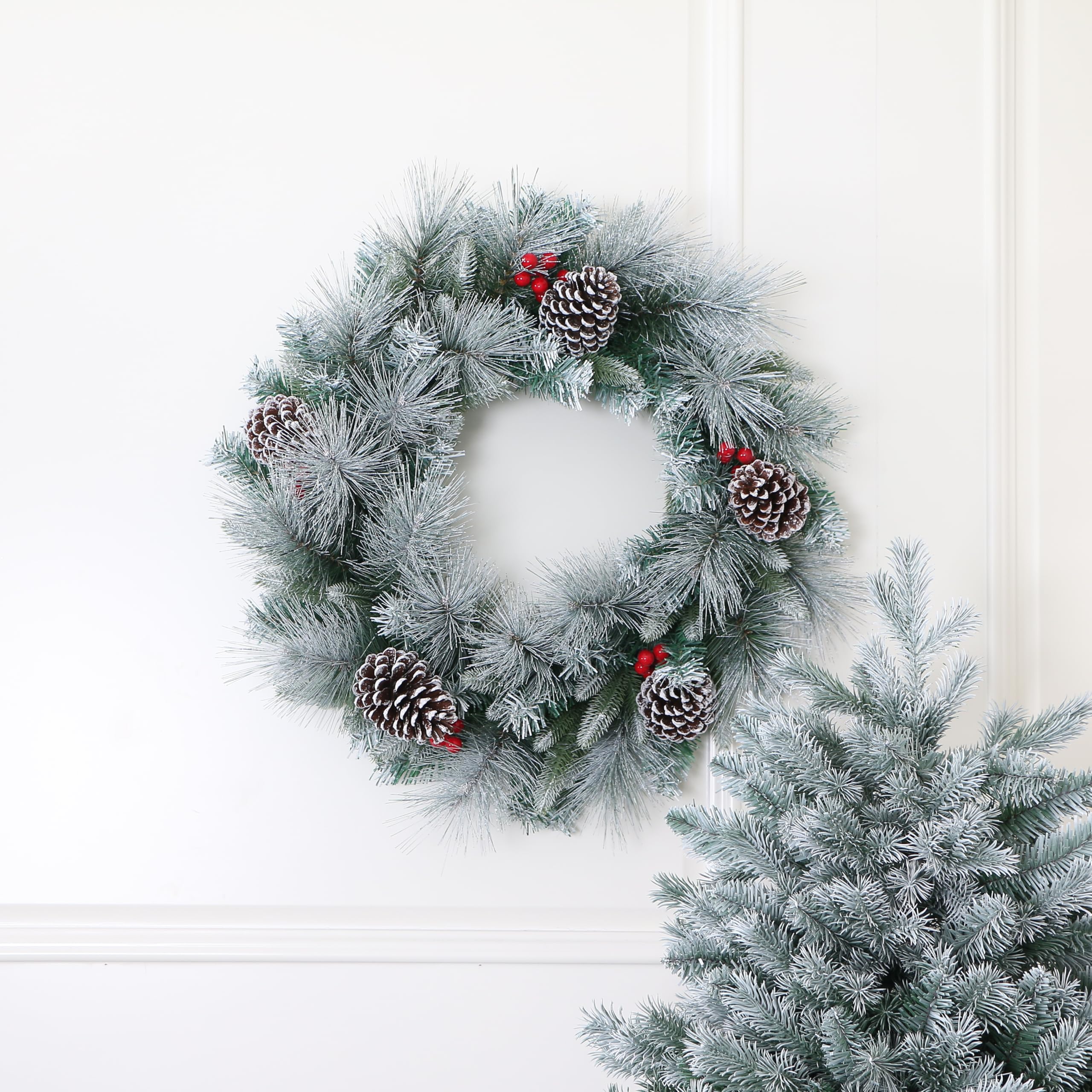 Forsted Blossom Pine Christmas Wreath Decorated with Pinecones & Red Berries Diameter