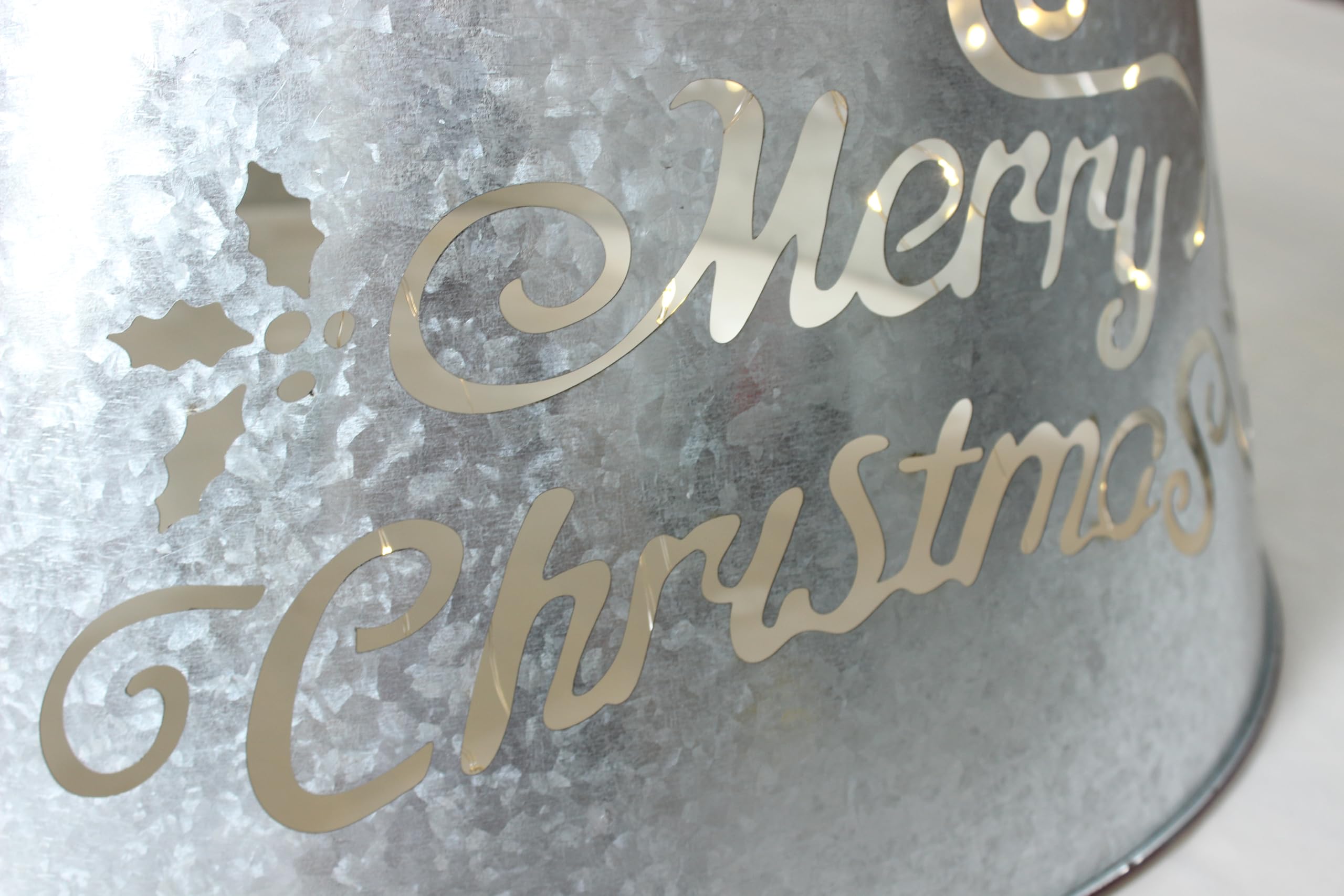 21'' Galvanized Metal Merry Christmas Tree Collar, Moden Country