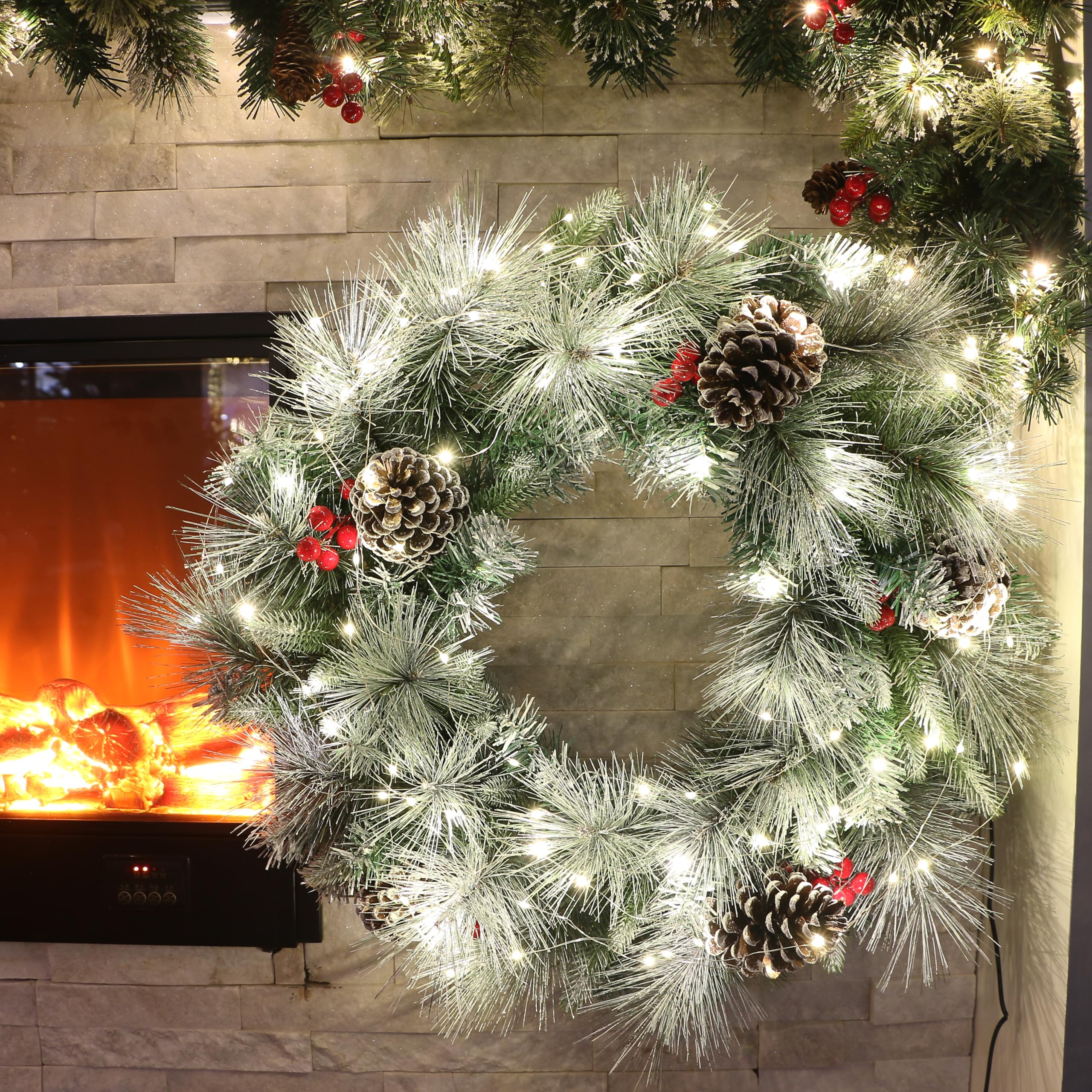 Forsted Blossom Pine Christmas Wreath Decorated with Pinecones & Red Berries Diameter