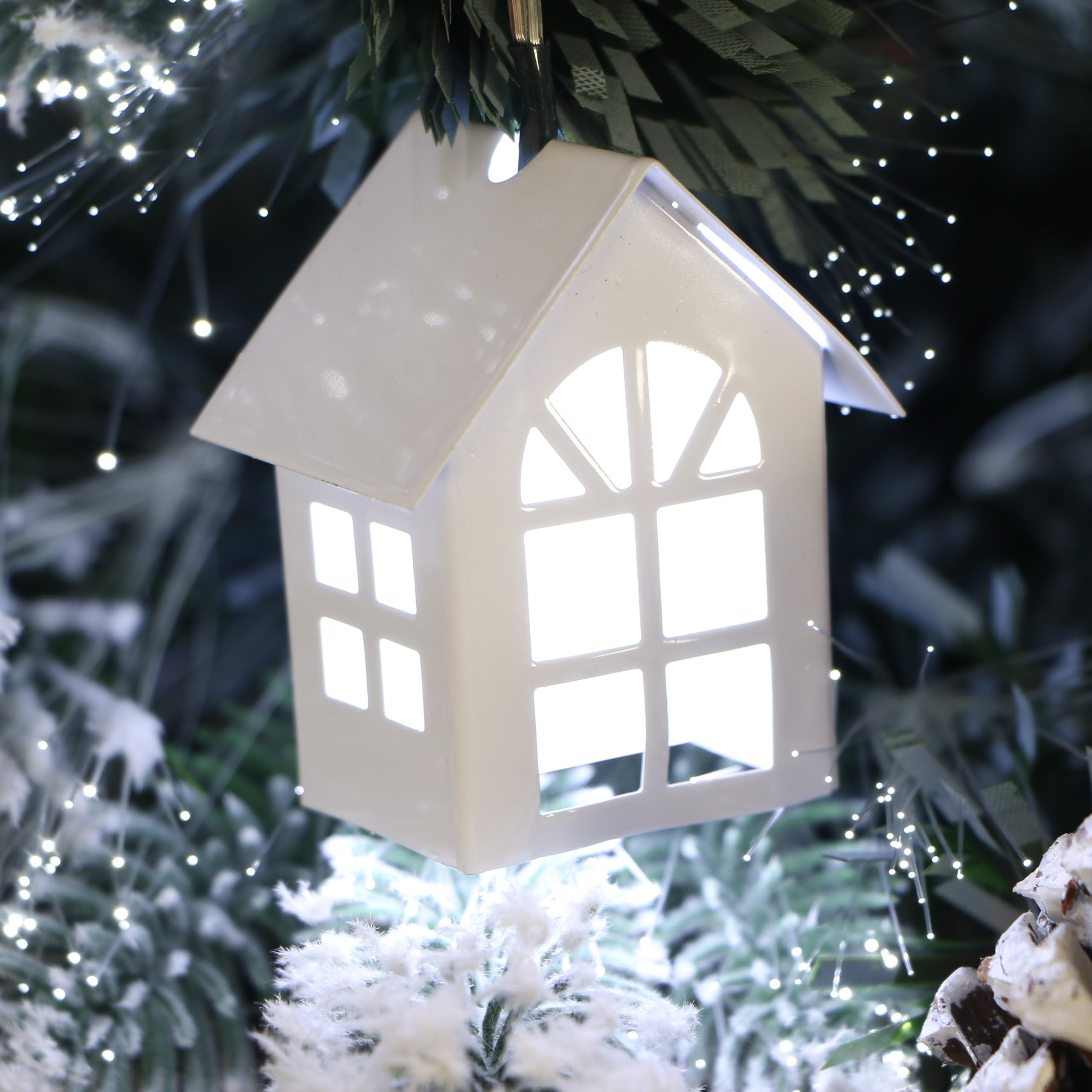 Pre-Lit Decorated Little White House Christmas Tree, Pre-lit Cool White Lights