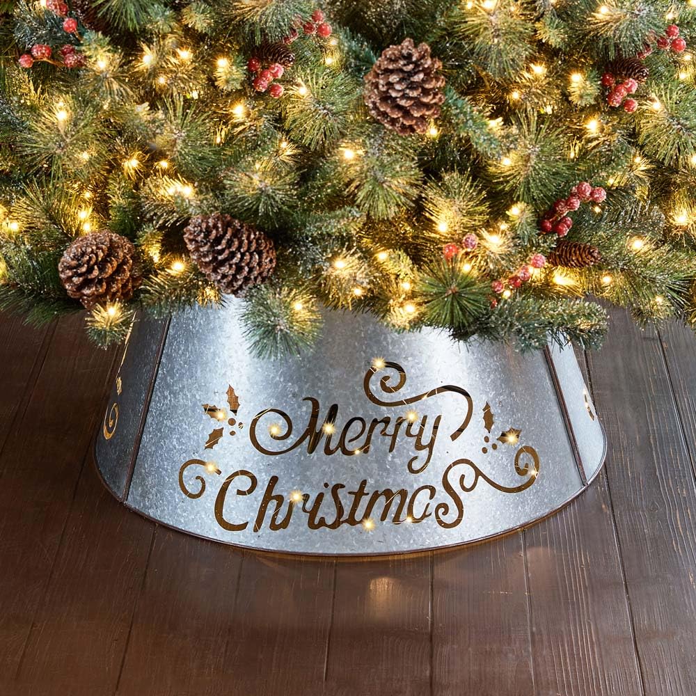 21'' Galvanized Metal Merry Christmas Tree Collar, Moden Country