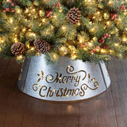 21'' Galvanized Metal Merry Christmas Tree Collar, Moden Country