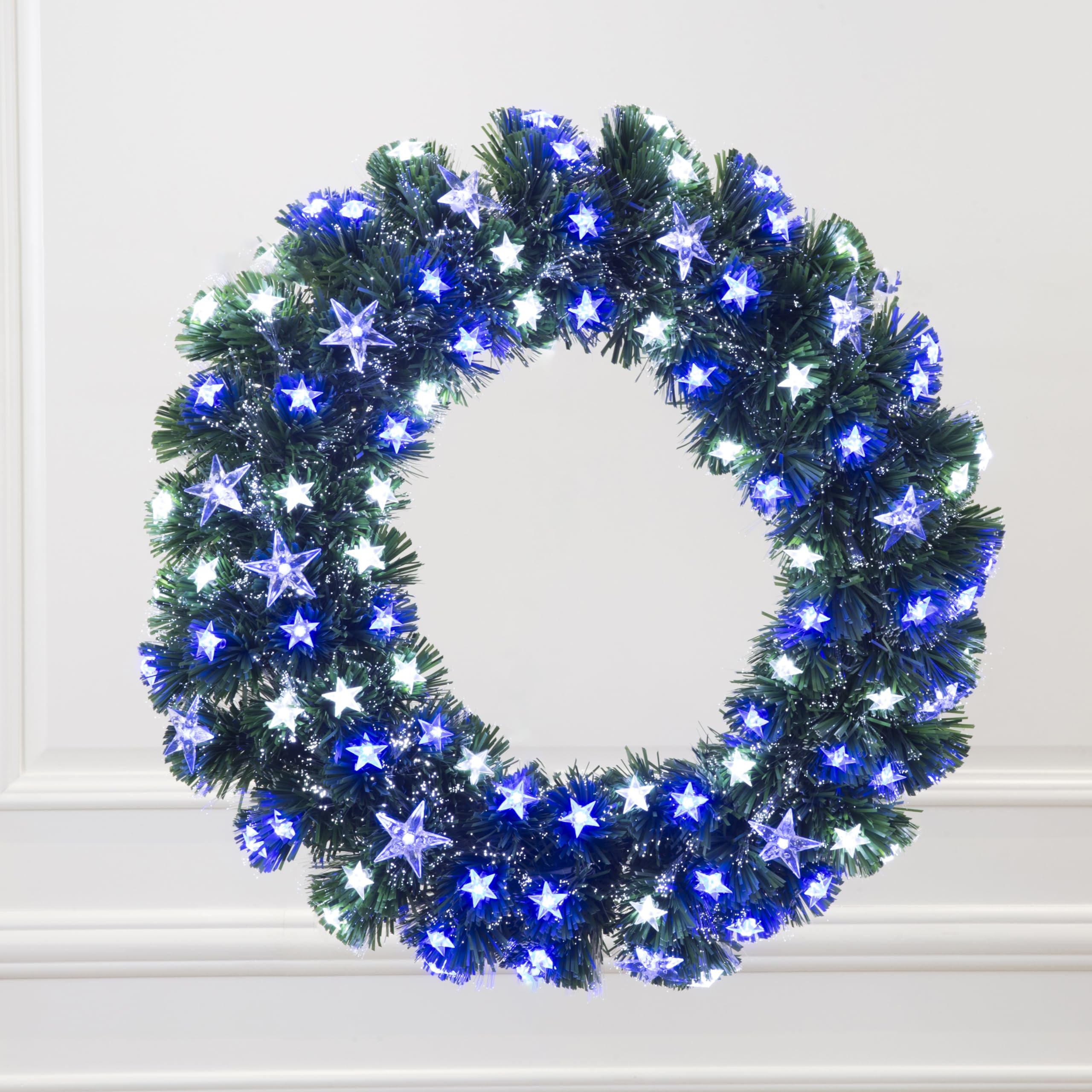 Blue and White Star Lighted Fiber Optic Christams Wreath