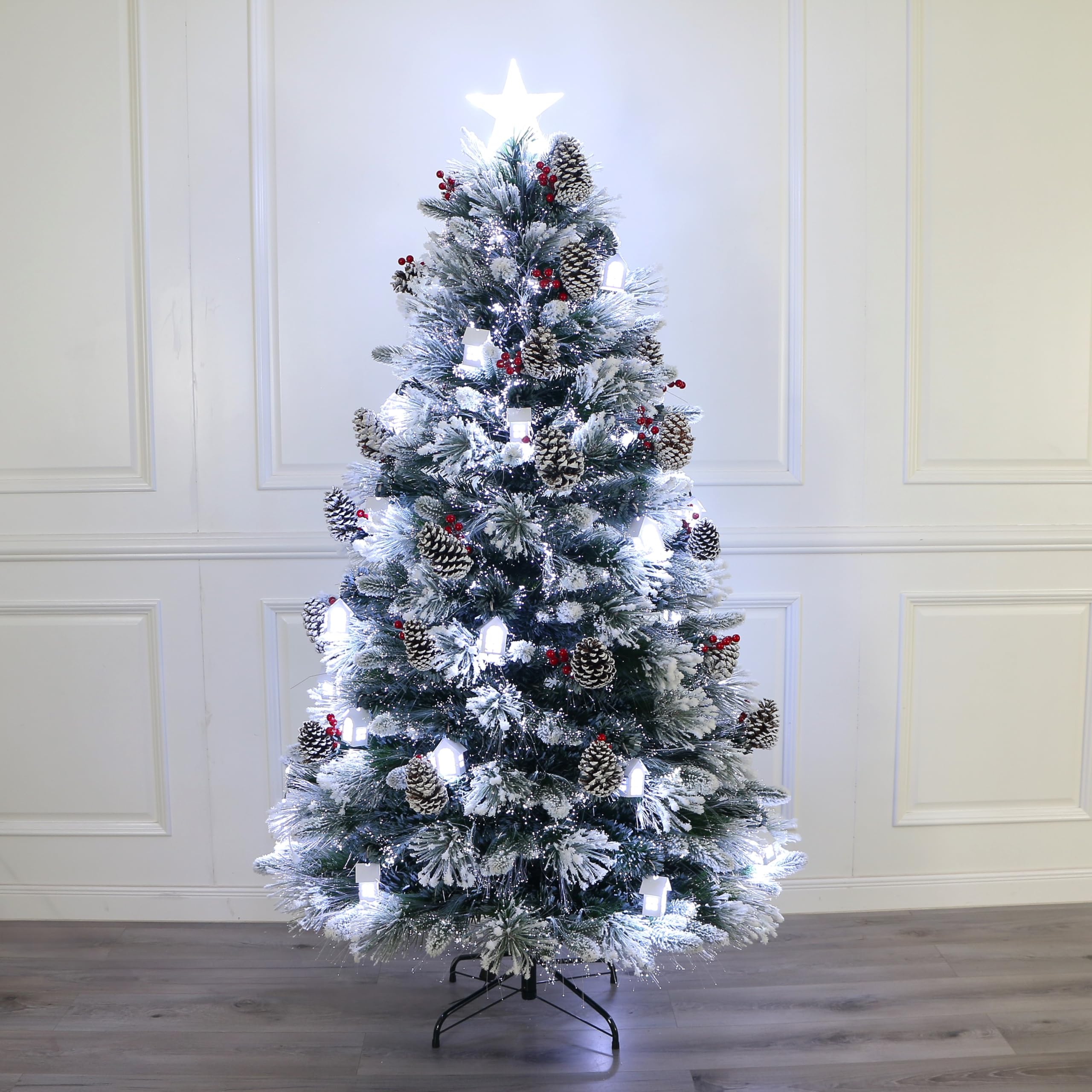 Pre-Lit Decorated Little White House Christmas Tree, Pre-lit Cool White Lights