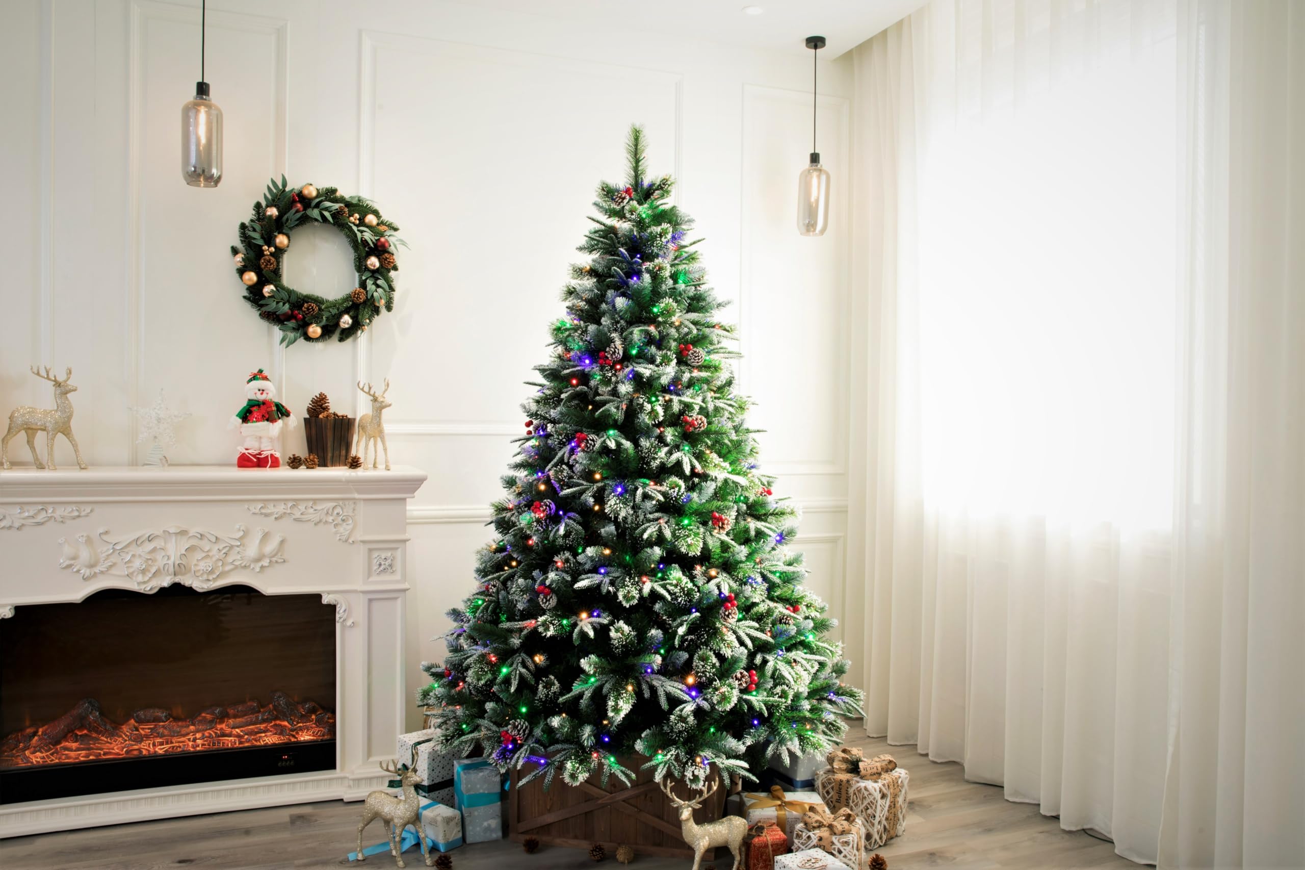 8ft Pre-lit Super Dual Flocked Pine Christmas Tree, Colour Changing LED Lights