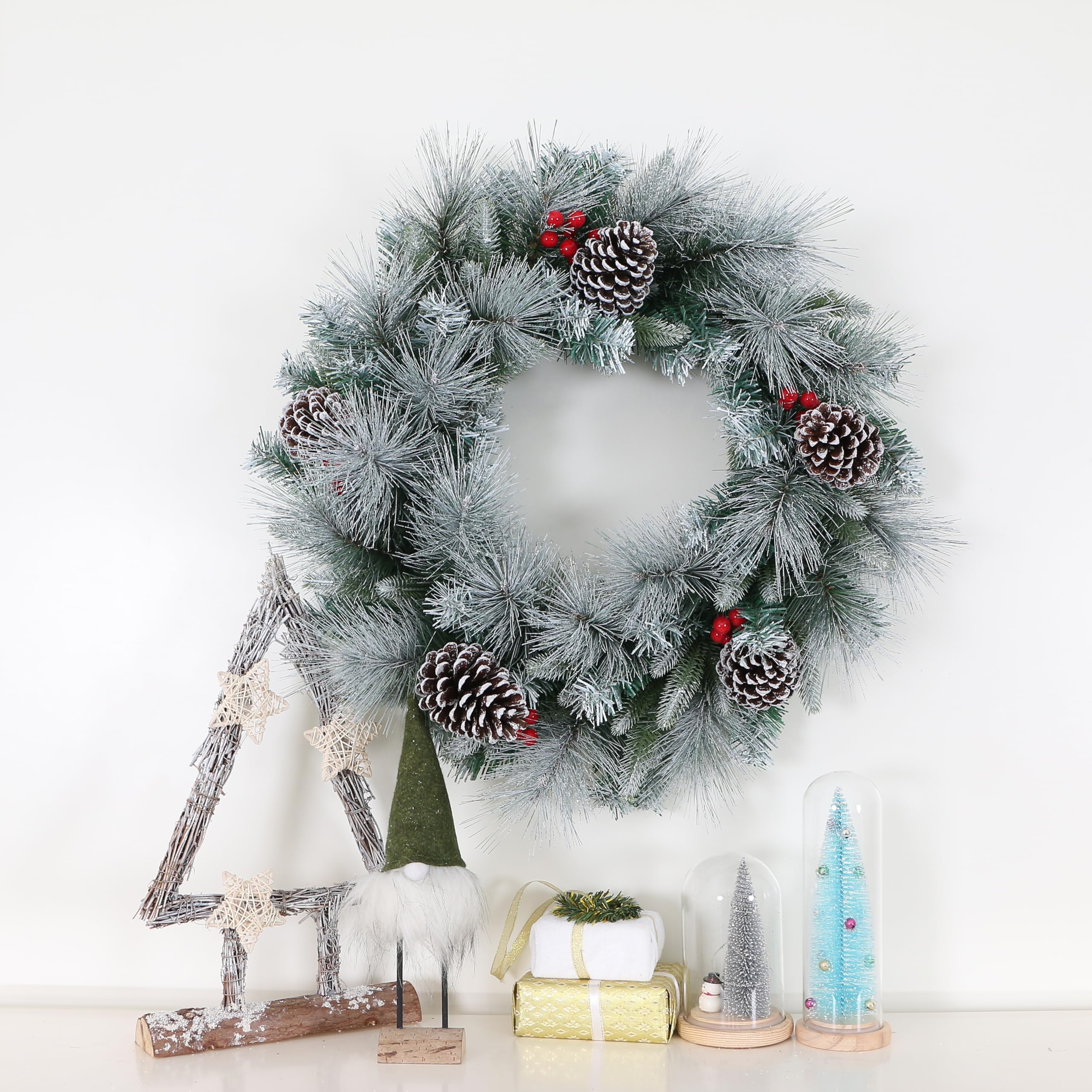 Forsted Blossom Pine Christmas Wreath Decorated with Pinecones & Red Berries Diameter