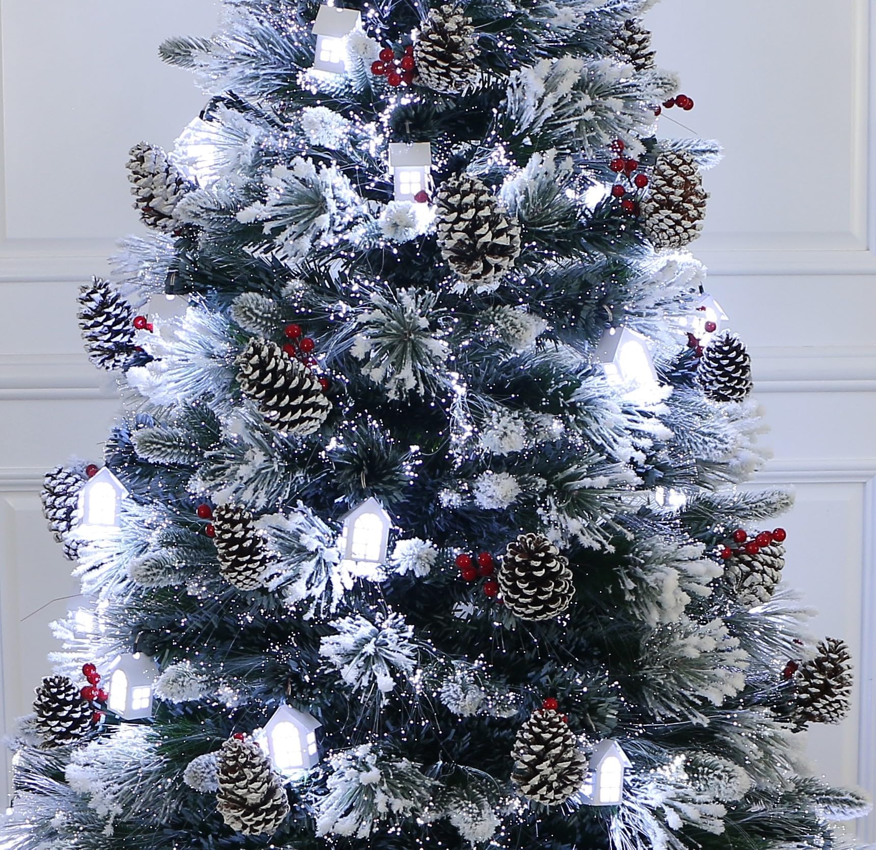 Pre-Lit Decorated Little White House Christmas Tree, Pre-lit Cool White Lights