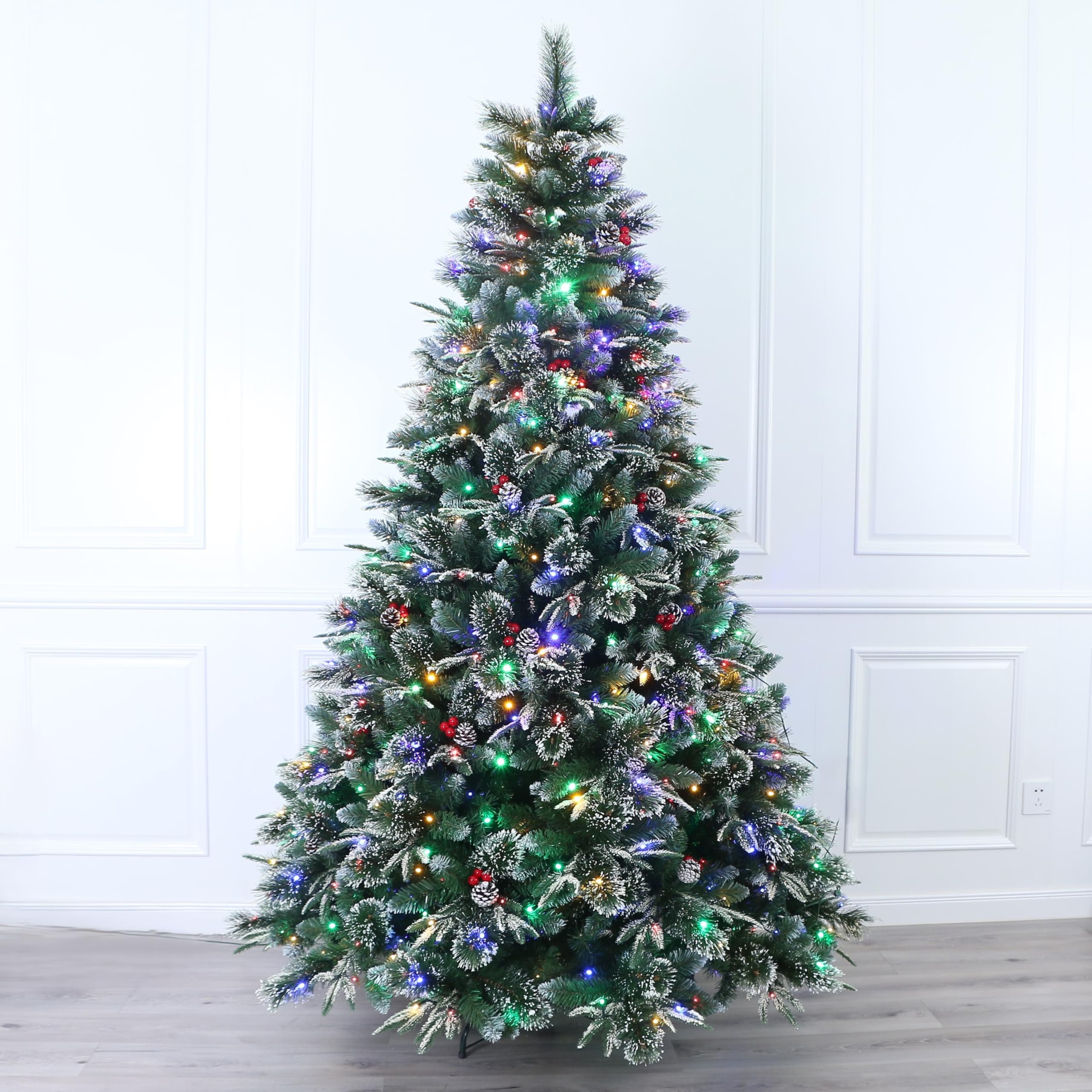 8ft Pre-lit Super Dual Flocked Pine Christmas Tree, Colour Changing LED Lights