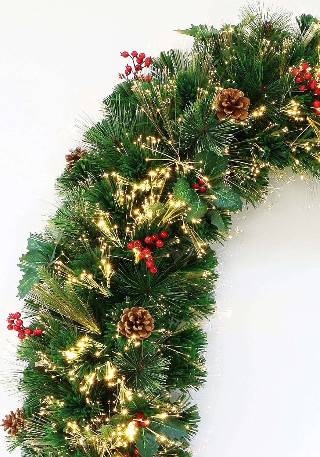 6 Foot Fiber Optic Christmas Garland Pre-lit LED Lights Decorated with Pine Cones and Red Berries