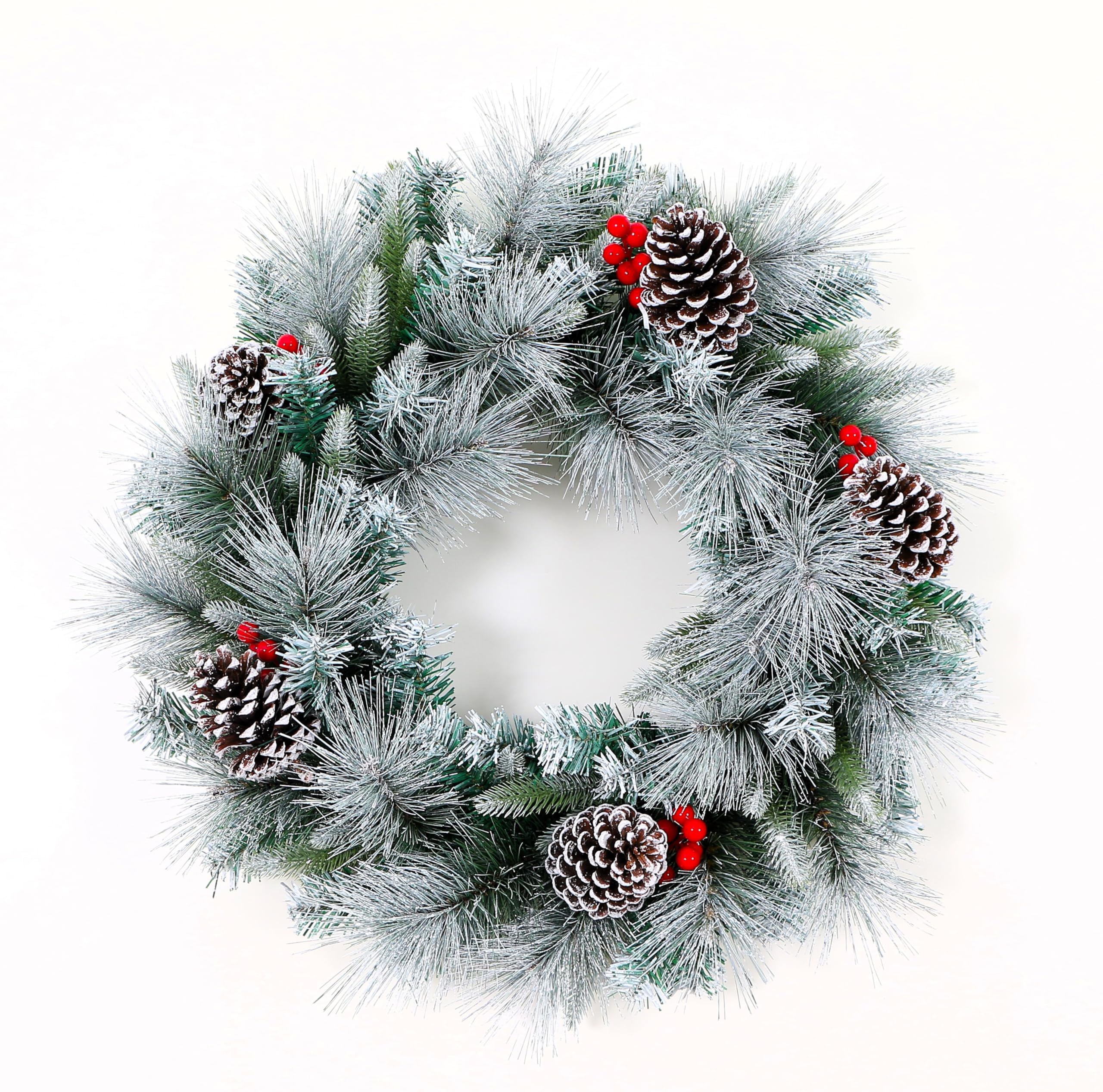 Forsted Blossom Pine Christmas Wreath Decorated with Pinecones & Red Berries Diameter